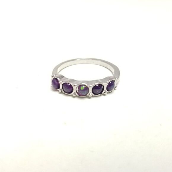 Vintage Purple Cabochon Rhinestone Band Ring, Silver Tone Setting, Stacking - Picture 6 of 7